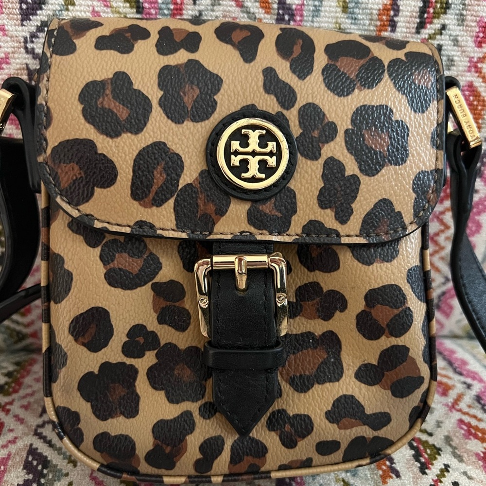 Tory Burch Black and Tan Crossbody Bag with Leopard Print